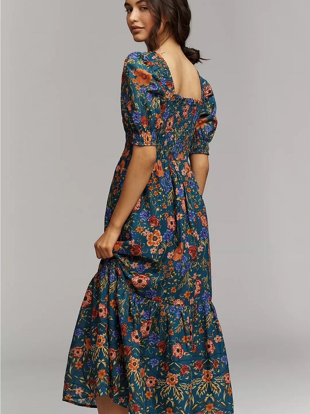 Anthropologie Teal Floral Midi Dress with Puff Sleeves